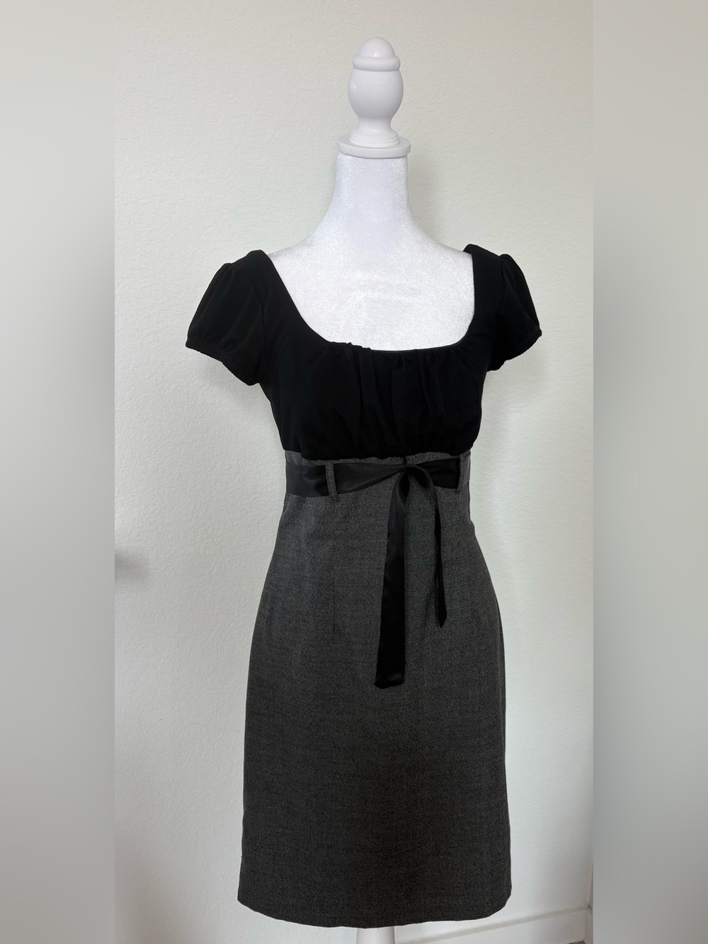 A. Byer Black and Gray Midi Dress with Satin Waist Tie